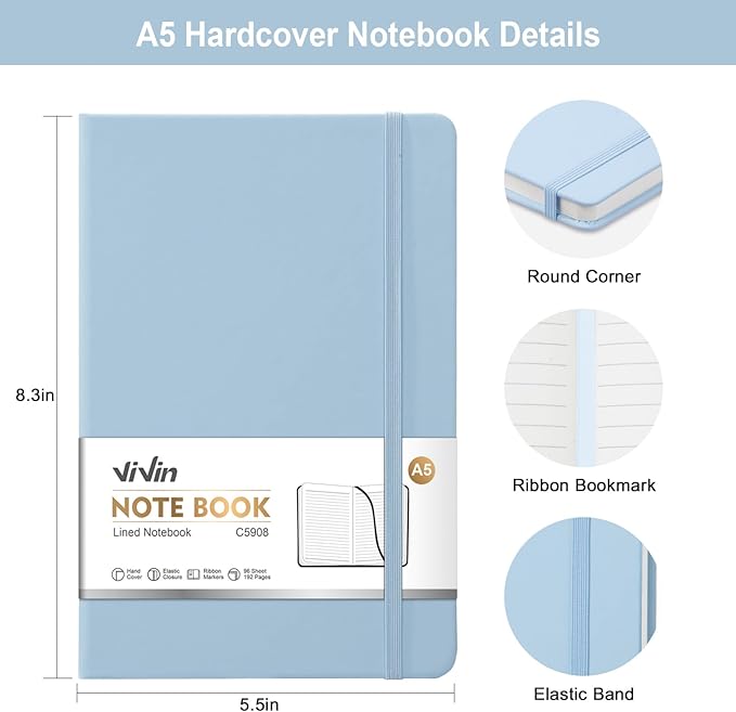 ViVin Lined Journal Notebooks for Work,192 Pages,Medium 5.5 x 8.3 inch,College Ruled,A5 Hardcover Journaling Notebooks for Writing,8 Pack Bulk,Light Colored Series