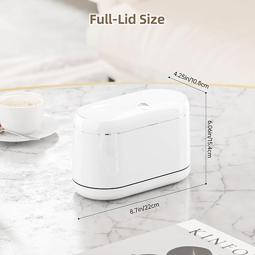 PAVSTINE Mini Trash Can for Desk with 5 Rolls of Trash Bags, Small Press-Top Countertop Garbage Bin, Removable Waste Basket for Bedroom, Vanity, Coffee Table, Kitchen (White Full-Lid)