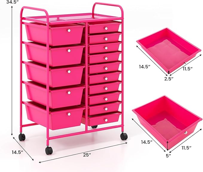 HAPPYGRILL 15-Drawer Rolling Cart, Storage Carts with Removable Drawers & Steel Frame, Utility Cart on Lockable Wheels for Home, School, Office (Hot Pink)
