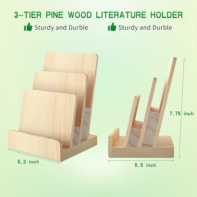 2 Pieces 3-Tier Pine wooden brochure holder 6 x 9 Wood Literature Holder Pamphlet Display Stand flyer holder postcard holder for Pamphlet Magazine Booklets Menu