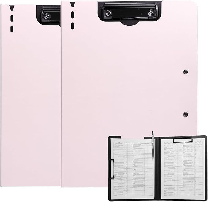 FRETONBA Clipboard Folder, 2 Pcs A4 Foldable Clipboard with Horizontal and Vertical Double Metal Clips, 360 Degree Foldable Binder Clipboards with Pen Holder, File Cover Work Folder Clipboards, Pink