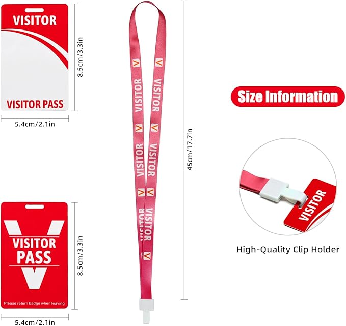 Visitor Badge Lanyards Volunteer Badge Holder with Clips (25 pcs) - Reusable Temporary ID Pass for Office, School, Events PVC Plastic Security Cards for Exhibition Guest by OSTENBIG (Red)