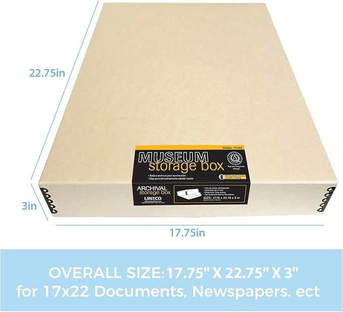 Lineco Museum Archival Storage Box, 17.75x22.75x3 in. Drop Front Design. Acid-Free with Metal Edge. Organize Photos, Pictures, Prints, Documents, Crafts, DIY. Tan, 1 Pack
