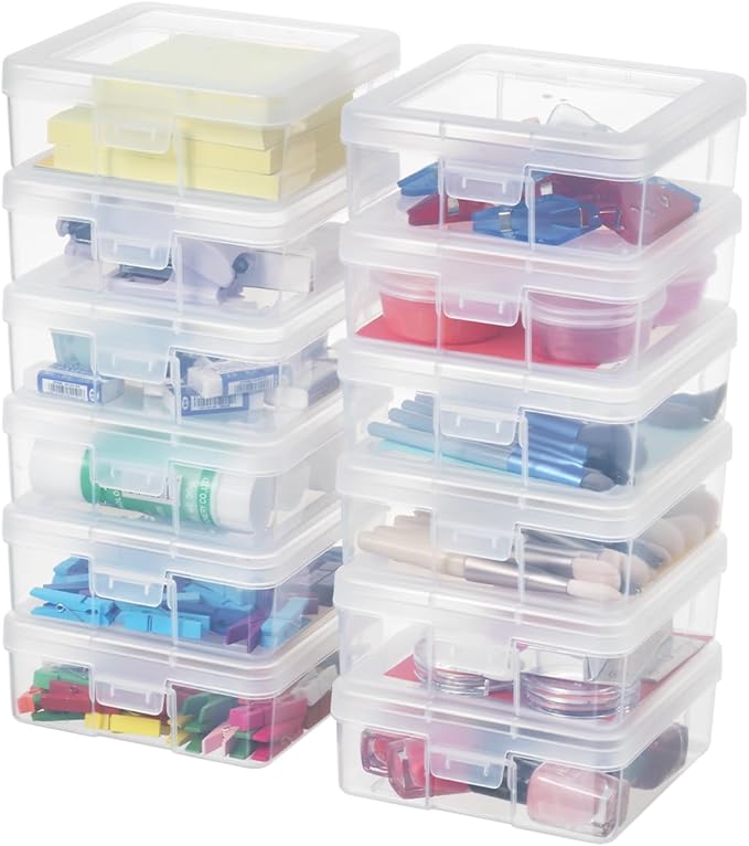 novelinks Stackable Plastic Clear Storage Box Containers with Latching Lid - Art Craft Supply Organizer Storage Containers for Pencil Box, Crayon, Beads, Jewelry (12 Pack Small -Clear)