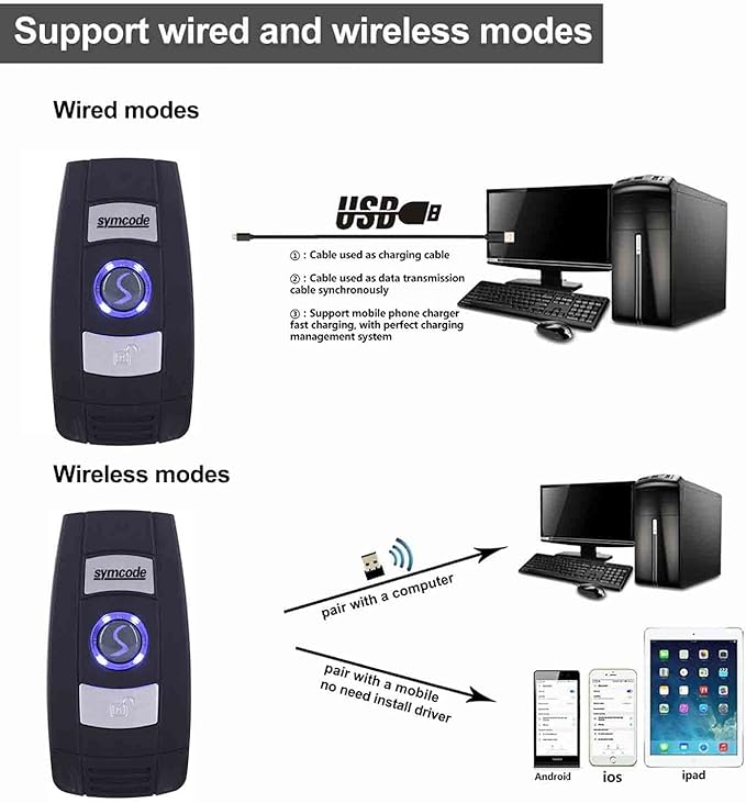 Mini 1D Bluetooth Barcode Scanner Wireless Bar Code Scanner 3-in-1 Bluetooth/USB Wired/2.4G Wireless Barcode Reader laser Code Scanner for Inventory Code Image Reader for Tablet iPhone iPad Android PC