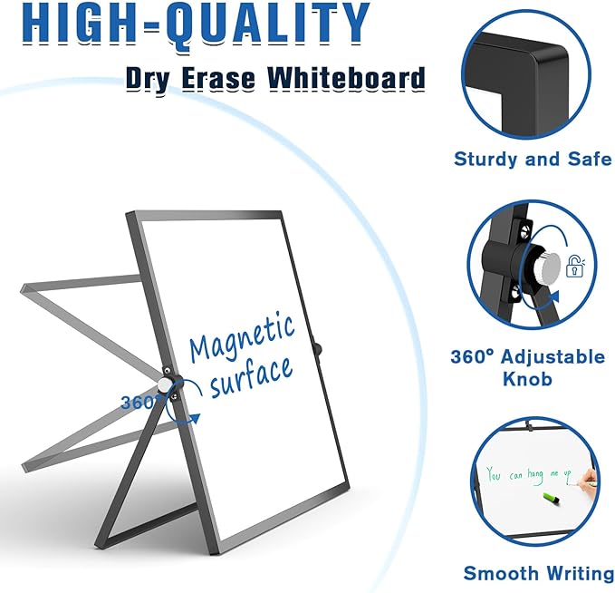 Grtard Dry Erase Magnetic White Board, 16''x12'' Double-Sided Desktop Whiteboard with Stand, Portable Small Whiteboard Set, Dry Erase Board for to-Do Lists, Drawing, Office, Home(Black)