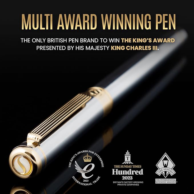 Scriveiner Silver Chrome Fountain Pen - Stunning Luxury Pen, Real Gold Finish Schmidt Gilded Nib (Medium), Best Pen Gift Set for Men & Women, Professional, Executive Office, Nice Pens