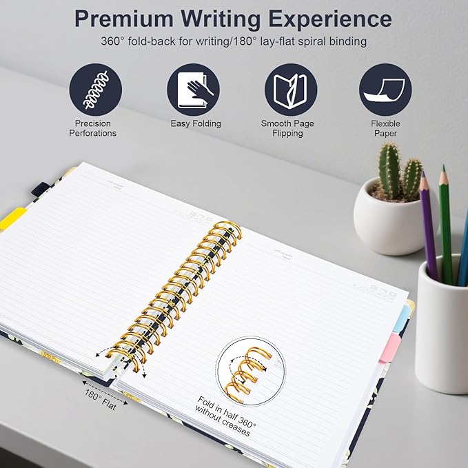 Spiral Journal Notebooks for Work, 300 Pages 5 Subject Notebook College Ruled with Dividers & Tabs, 8''x 10'' Large Notebook Journal for Women Students Note-Taking and Organizer (White Daisy)