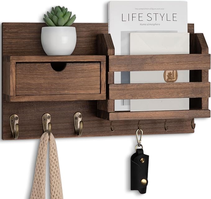 Lwenki Wall Mount Key Holder with Mail Organizer, 100% Paulownia Wood, 7 Metal Hooks, Storage Drawer, Entryway Home Decor (Brown)