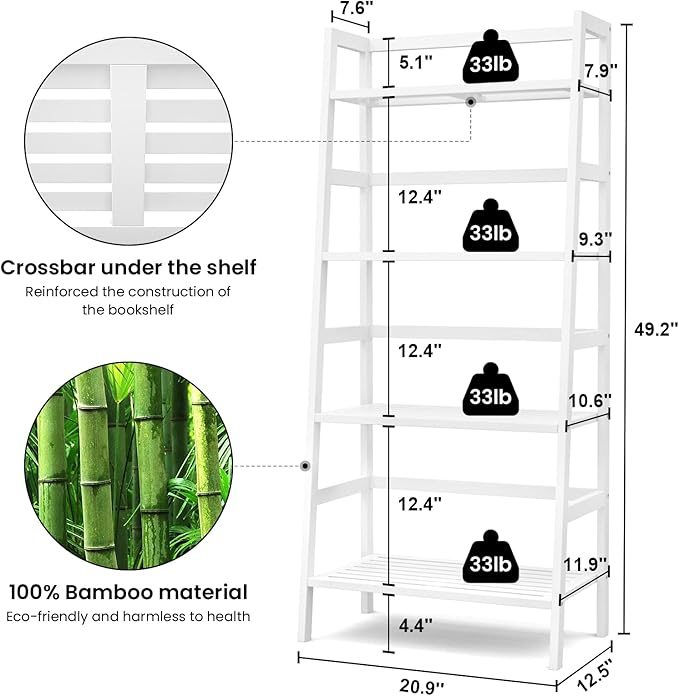 Homykic Ladder Shelf, 4-Tier Bamboo Ladder Bookshelf, 49.2” White Book Shelf, Open Bookcase Freestanding Plant Stand for Small Space, Bathroom, Living Room, Bedroom, Home Office