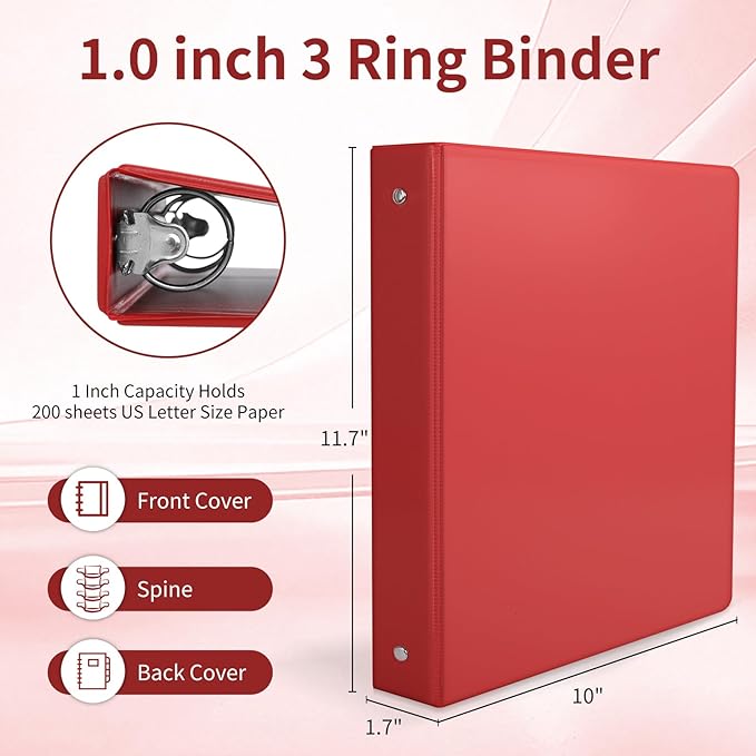 SUQJOY 1-inch 3 Ring Binder with 2 Inside Pockets, 1'' Basic Binders Holds US Letter Size 8.5'' x 11'' Paper - Versatile Binders for Office, School and Home Use (Pack of 12, Assorted Color)
