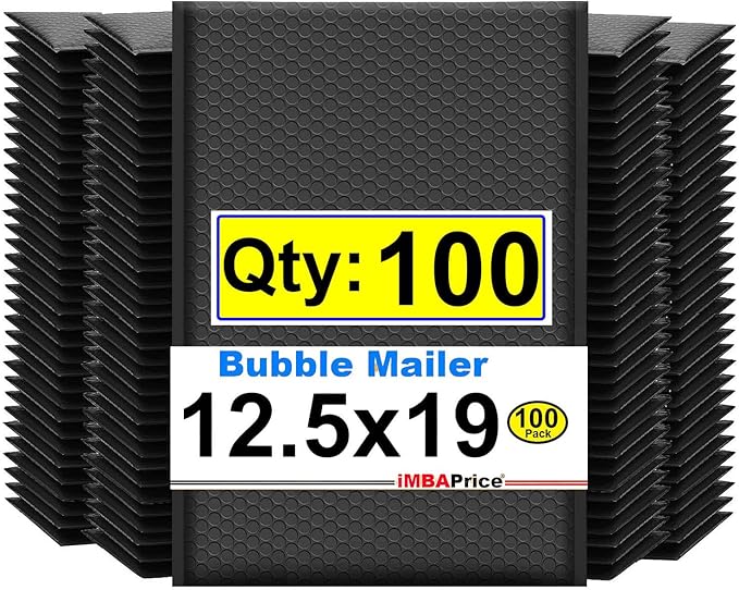 iMBAPrice 12.5x19 Inch Black Poly Bubble Mailers #6, 100-Pack – Extra Large Padded Shipping Envelopes, Self-Seal, Waterproof & Tear-Resistant Polybubble Mailing Bags