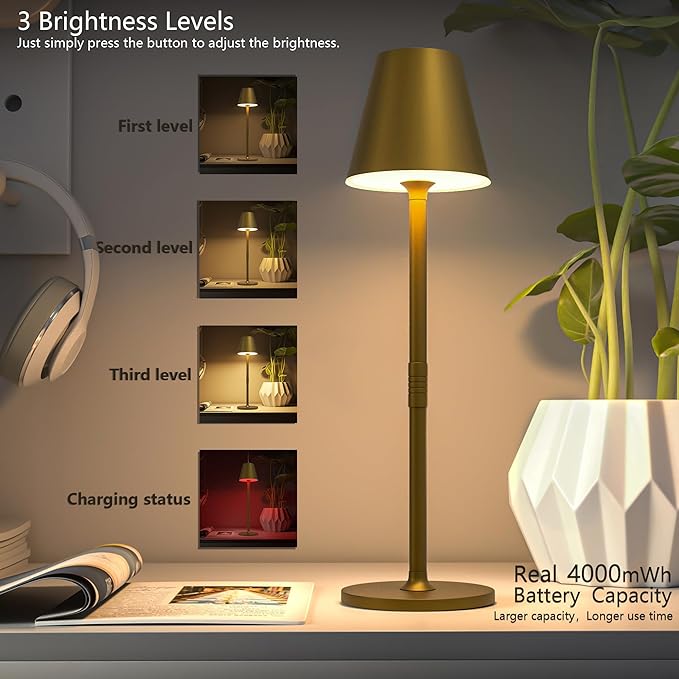 Timjorman 2-Pack Cordless Table Lamps - 5000mAh Rechargeable Battery Operated Desk Lamp, 3-Level Dimmable LED Night Light for Bedroom, Dining, Restaurant - Metal Design (Bronze 2PACK)