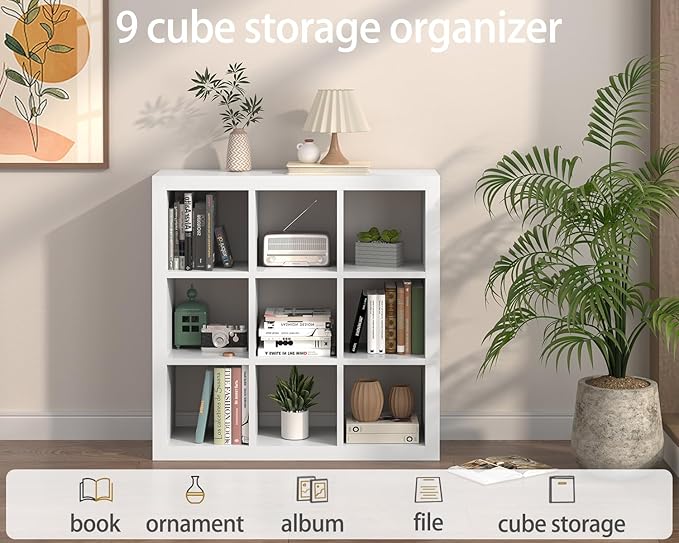 Bookshelf with Storage Bins, 9-Cube Storage Organizer Sturdy Wooden Bookcase Open Book Shelf, Multifunctional Cubicle Rack for Storages & Display, Furniture for Living Room Bedroom Office, White