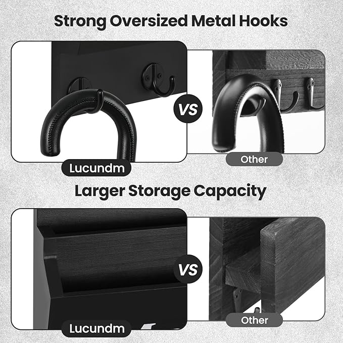 Lucundm Mail and Key Holder - Decorative 9.8" x 12.5" Wall Key Hanger with 2 Mail Organizer Slots and 3 Hooks - Real Paulownia Wood with Keyhole Brackets, Hardware and Instructions (Black)