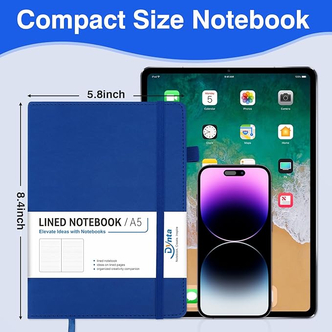 Dynta Hardcover Journal Notebooks 10 Pack A5 Lined Journals Bulk 5.8 x 8.4 Inch 160 Pages/80 Sheets College Ruled with Pen Loop Notebooks for Work, Writing, Note Taking (Blue)