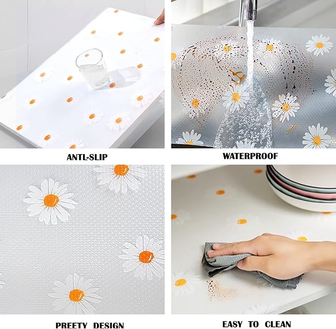 Daisy Shelf Liner for Kitchen Cabinets – Non-Adhesive, Non-Slip Drawer & Refrigerator Liner – Waterproof, Washable Cabinet Mat Floral Pattern, Easy to Cut & Install – Fits Pantry, Bathroom, Office