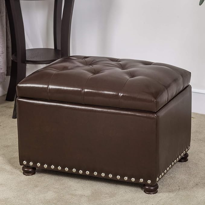 Decent Home 24'' Leather Storage Ottoman Rectangular Foot Rest Stool with Nailhead Trim for Bedroom Living Room(Dark Brown)