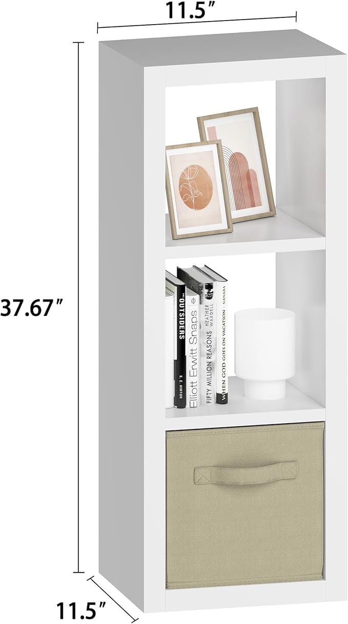 furtble 3 Cube Storage Organizer Shelf with Bins, White 3 Tier Bookcase with Fabric Storage Bins, Morden Bookshelf for Bedroom, Living Room, Closet, Office, 11.5" D x 11.5" W x 37.67" H