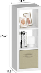 furtble 3 Cube Storage Organizer Shelf with Bins, White 3 Tier Bookcase with Fabric Storage Bins, Morden Bookshelf for Bedroom, Living Room, Closet, Office, 11.5" D x 11.5" W x 37.67" H