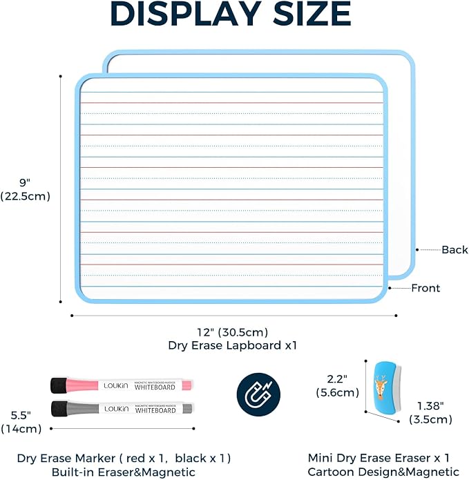 LOUKIN Small Dry Erase Lapboard, 9 x 12 Inch Double Sided (Ruled/Plain), Seamless Frame Design, Mini Magnetic Whiteboard Set, Great for Kids, Classroom and School (1 Eraser&2 Markers Included)