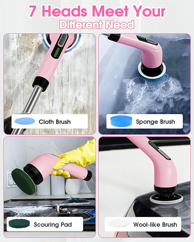 Highyes Electric Spin Scrubber for Cleaning Bathroom: Cordless Power Shower Scrubber - Electric Cleaning Brush for Tile Tub - Pink