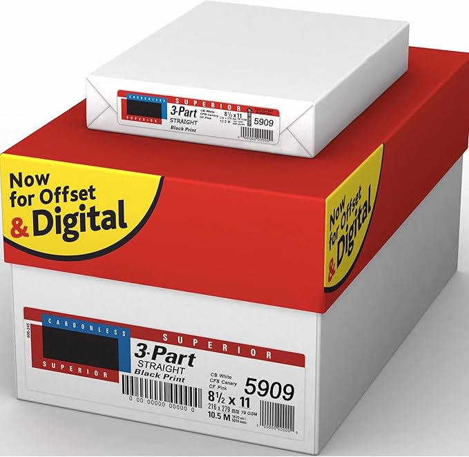Superior 8.5 x 11 Carbonless Paper, 3 Part Straight (Bright White/Canary/Pink), 1340 Sets (4000 Sheet)