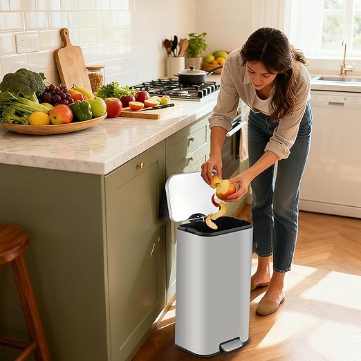 Takywep 3.2 Gallon Brushed Stainless Steel Trash Can with Soft-Close Lid, 3.2/5.3/8/13.2 Gallon Smudge-Resistant Compact Garbage Bin for Kitchen, Bathroom, Office - Black & White