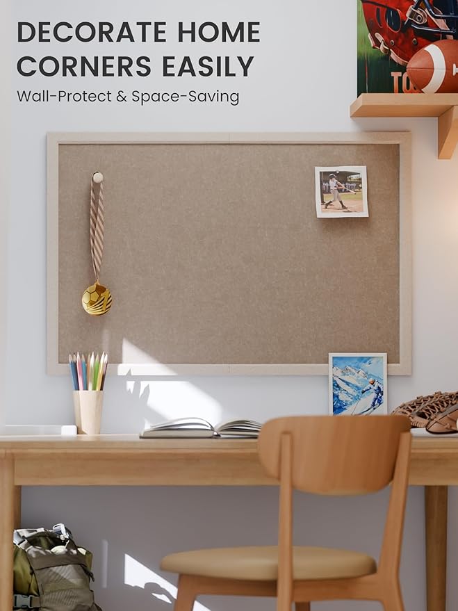 Fluxynara Foldable Cork Board Alternative, Felt Bulletin Board 36" x 24" Oatmeal Frame with 24 Adhesive Tabs, Pin Board for Home Office, Classroom, Entryway, Kitchen Wall Decor—Deep Camel