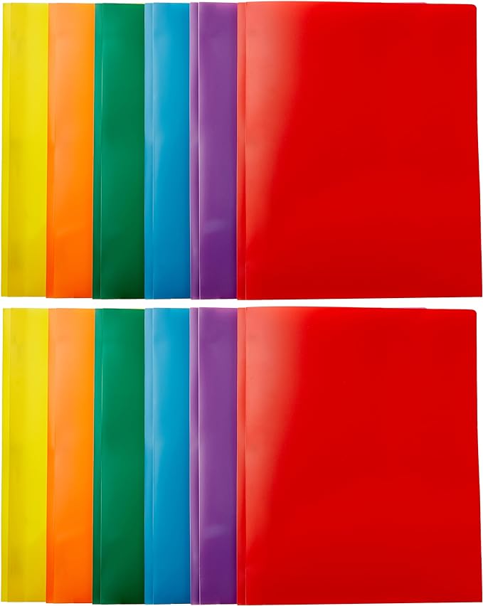 Amazon Basics Heavy Duty Colorful Plastic Folders with 2 Pockets for Letter Size Paper, Pack of 12, Assorted Colors