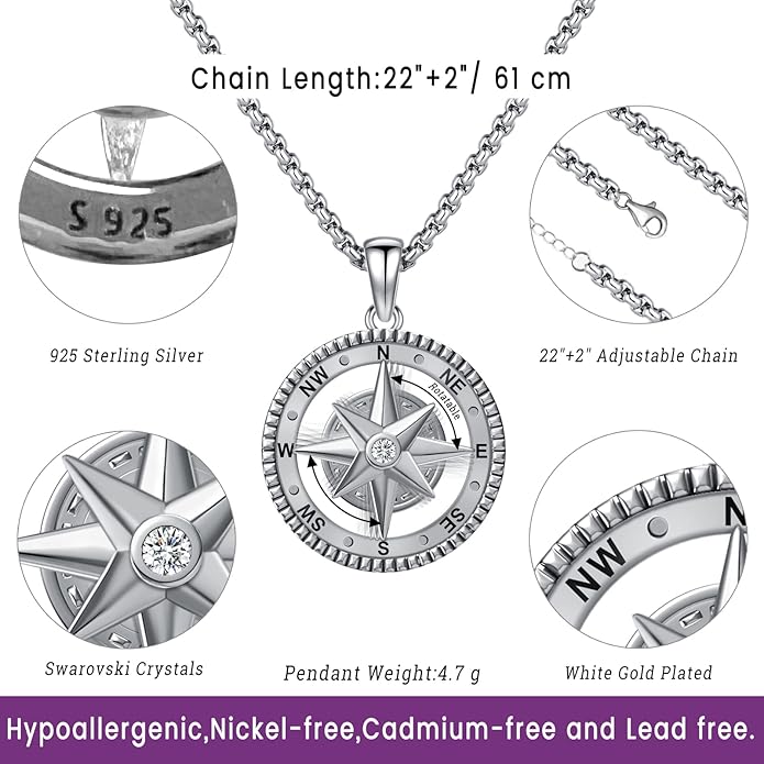 Compass Necklace for Women Men 925 Sterling Silver Pendant Urn Necklaces for Ashes Picture Locket Necklace Anchor Necklace Viking Necklace Crystals CZ Moonstone Abalone Shell Turquoise Compass Jewelry