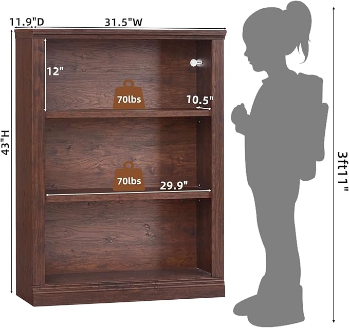 RWYHG 43" Walnut Tall Bookshelf Set of 4,3-Tier Thick Wooden Book Shelf with Adjustable Shelves,Free Standing Farmhouse Bookcase with Open Display Storage,Floor Vintage Bookshelves for Living Room
