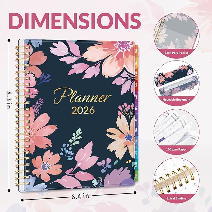 GNL 2026 Planner, Weekly and Monthly Planner January - December 2026, 6.4" x 8.3" Monthly Planner with Waterproof Flexible Cover, Spiral Binding Notebook with Colorful Tab, Pockets, Bookmark, Floral