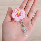 Cute Hibiscus Flower Badge Reel, Retractable ID Card Pink Badge Holders, Work Badge Clip for Pediatric ED ER RN CNA LPN MA PT OT Therapists HR Social Workers Nurses Doctor Teachers Nursing Student