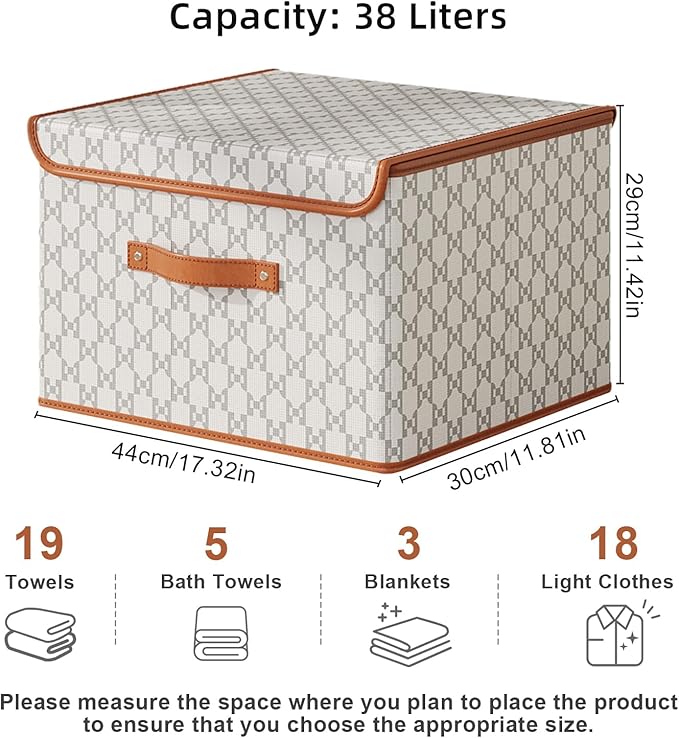Tuza 2 Pack Fabric Storage Bins with Lids, Collapsible Closet Organizer Container, Decorative Storage Boxes with Lids for Organizing Clothes, Blanket, Grey & White, Large