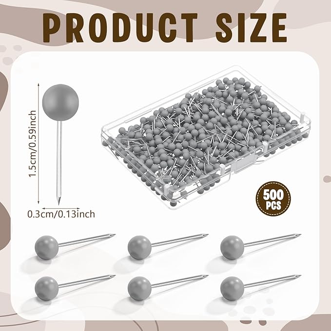 WILLBOND 500 Pack Map Push Pins Map Tacks Small Round Head Push Pins Thumb Tacks for Travel Picture Photo Bulletin Board Wall DIY Craft School Office Home(Gray,1/6 Inch)