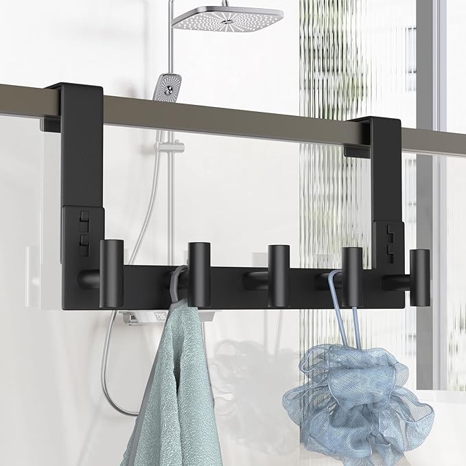PMMASTO Over The Door Hooks, Door Hanger Hook for Hanging, Coat Rack Organizer for Bathroom, Towel Holder Bathroom Accessories (Black 5 T-Hooks-Fits 1-3/4" Thick Door)