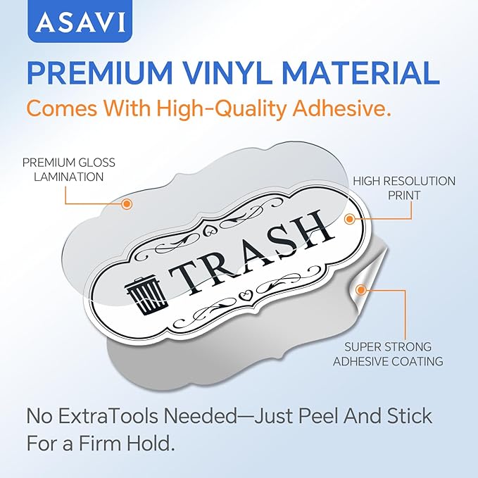 ASAVI Trash & Recycle Stickers – 2-Pack Self-Adhesive Vinyl Labels, Waterproof & Durable (White, Medium 6.3 x 2.7 inches)