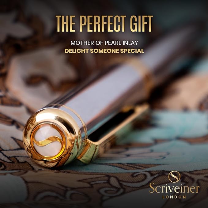 Scriveiner Silver Chrome Fountain Pen - Stunning Luxury Pen, Real Gold Finish, Schmidt Gilded Nib (Fine), Best Gift Set for Men & Women Professional Executive Office Fancy Nice Designer Pen