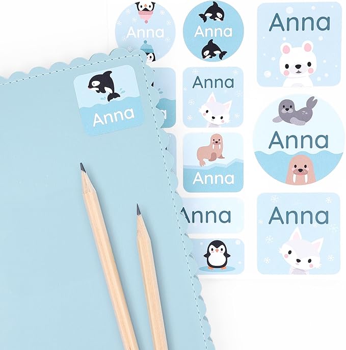 Large Name Labels for Kids (33) - Custom Stickers for Daycare and School Supplies - Durable, Waterproof Stickers for Water Bottles, Lunch Boxes, and More with Unique Designs - Arctic Animals