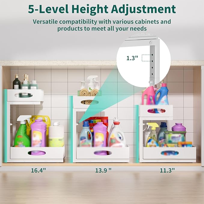 Beleeb Under Sink Organizer, Extra-Wide Upgrade, 1 Pack 2 Tier Metal Slide Out Cabinet Organizer, Height Adjustable Organization and Storage Series, Bathroom/Cabinet/Kitchen organization, White