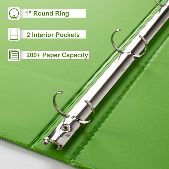 CIXILDTS 1-Inch 3 Ring Binder, Standard Round Ring Binder Fit Letter Size Paper, Presentation View Binders, 6-Pack, Green