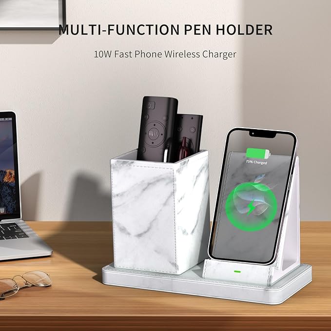 LADSTAG Multi-Functional Pencil Holder for Desk,marble Vegan Leather Organizers with Remote Control Holder,Pencil Holder Desk Organizer with Phone Wireless Charger for Office/Nightstand/Endtable