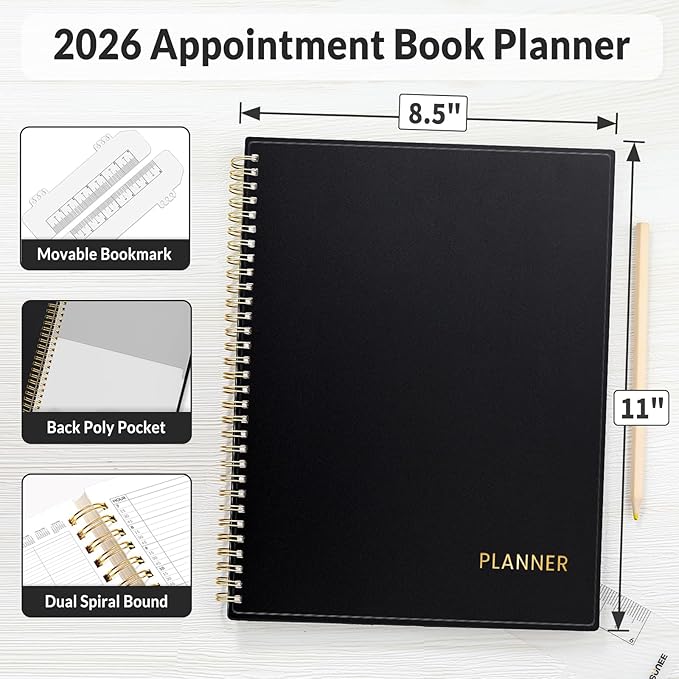 SUNEE 2026 Daily Planner, 4-Person Group Appointment Book with Quarter-Hourly Layout. Weekly & One-Page-Per-Day Format, Jan to Dec 2026, 8.5"x11",Weekly Planner, Flexible Cover, Note Pages, Bookmark, Black