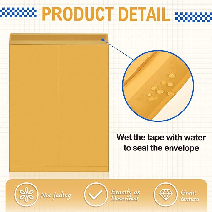Motipuns 50 Pcs 12'' x 16'' Extra Large Mailing Envelopes 32lb with Gummed Flaps, Catalog Jumbo Craft Envelopes for Mailing, Storage and Organizing Documents Office Supplies(Yellow)