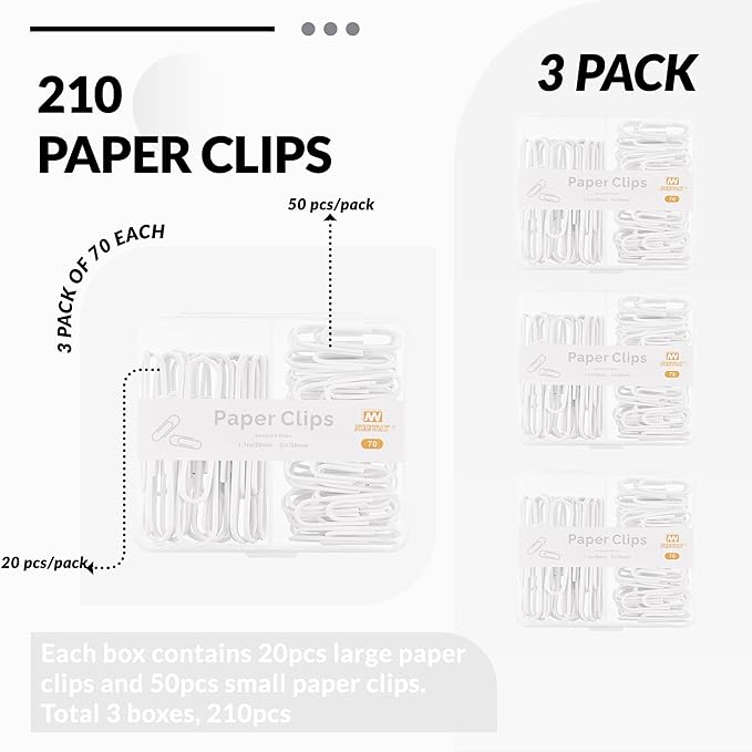 NEEWAY Colorful Paper Clips Assorted Sizes, Small and Large Paperclips, 210 Count, 3 Pack of 70 (White)