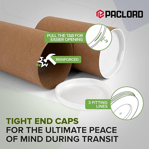 3" x 6" Reinforced Kraft Paper Mailing Tubes, Pack of 4 Tubes with 2 Caps Each – USPS Approved Poster Tube – Made in USA Cardboard Tube for Shipping and Storing Posters, Prints, Artwork, or Documents