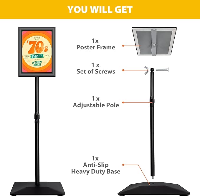VAIIGO 8.5"x11" Pedestal Poster Holder Stand with Heavy Duty Solid Steel Base, Adjustable Floor Standing Sign Holder for Vertical and Horizontal View, Super Stable Display, Black