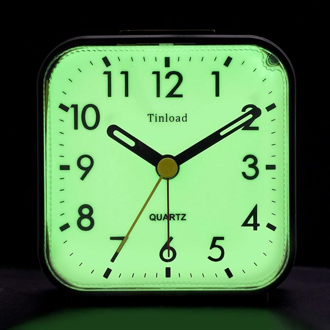 Tinload Small Battery Operated Analog Travel Alarm Clock Silent Non Ticking,Gentle Wake, Ascending Beep Sounds, Snooze,Lighted on Demand, Glow in Dark dial,Easy Set