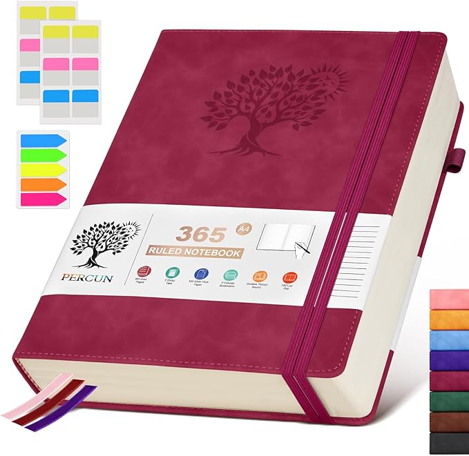 PERCUN A4 Lined Journal Notebook，365 Page Large Leather Journals for Writing Women Men，Hardcover Notebook with 100Gsm Thick Pages for Travel，Work，School，College Ruled, Daily Diary (8.5" x 11.4")